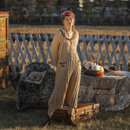 Fall Winter Dress Women Vintage Elegant V-Neck Handmade Embroidery Knitting Pleated Dress Korean Casual Warm Long Wool Dress