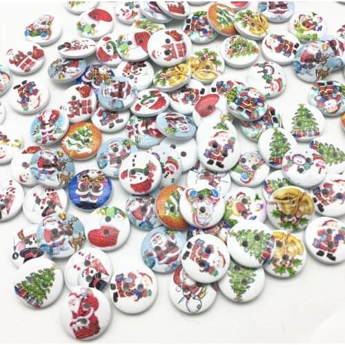100pcs 15mm Snowflake Tree Santa Mixed Christmas Printed Round Wood Buttons Scrapbooking Decorative 2 Holes Button Crafts Sewing