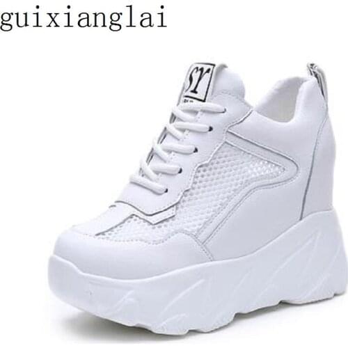 2019 Womens Casual Shoes Mesh Breathable Platform Wedge Heels Shoes 10CM Summer Mesh Sneakers White Shoes Zapatillas Deportivas