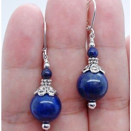 2021 Wholesale Natural 8-12mm Blue Lapis Lazuli Round Bead Pendant Earrings Korean Fashion