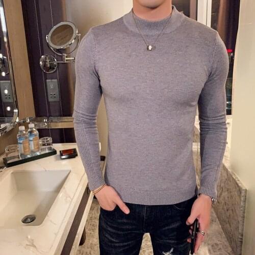 2021 Autumn Winter High-end Slim Sweater Mens Half high collar Solid Color Pullovers Men Clothing Slim Fit Male Knitted Sweaters
