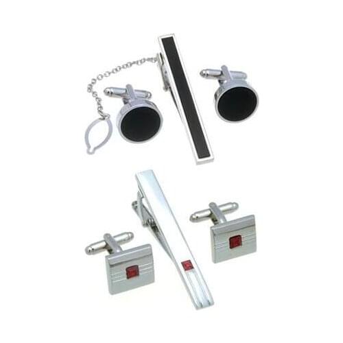 5sets/lot Black Round Enamel Cufflinks+Tie Clip Set Silver Square Red Crystal Tie Clip Pin&Cuff Link Set Mens Jewelry