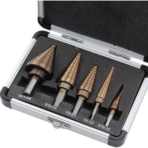 5pcs Step Drill Bits With Aluminum Box Power Hand Drill Bits Titanium Coated High Speed Steel Metal Drilling Bits Set Tool Kit