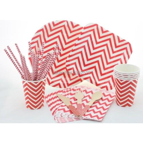 716pcs/lot Party Tableware Set CUP PLATE STRAW NAPKIN WOODEN CUTLERY Red Color Chevron Party Tableware for Wedding Birthday