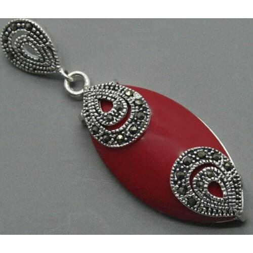 925 STERLING SILVER RED CORAL MARCASITE NECKLACE PENDANT 18x40MM