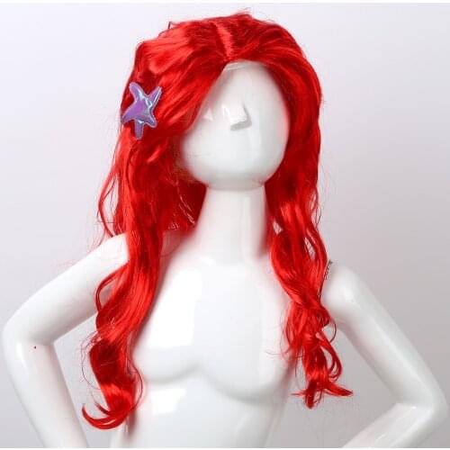 Child Kids Girls Princess Red Wigs Hair with Starfish Hair Clip Headwear Halloween Cartoon Cosplay Costume Mermaid Accessories