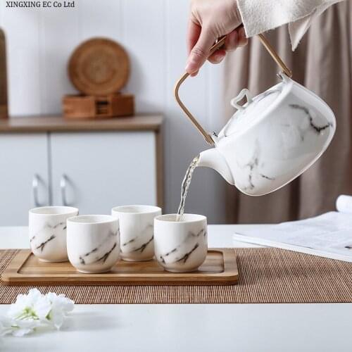 Household High Temperature Resistant Ceramic Teapot Marble Pattern Tea Set 780ML Large Capacity Kettle Wooden Tray Nordic Style
