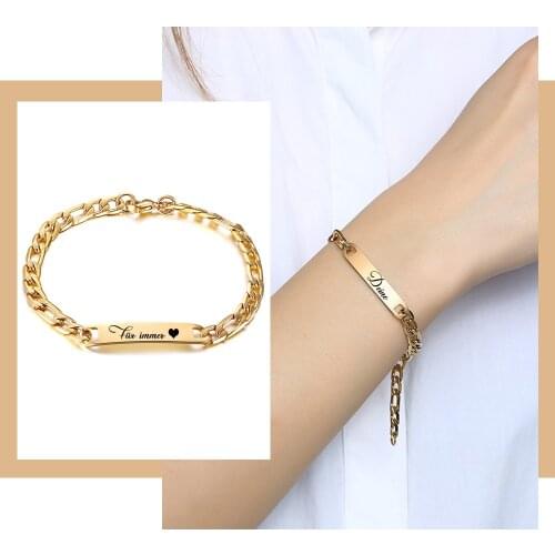 Figaro Link ID Bracelet Engravable Identification Name Bar Tag Stainless Steel Chain Customized Jewelry for Women Sister