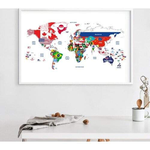 Map of the World Jointed with Countries Flags Poster Canvas Art Prints Creative Map Painting Wall Picture Living Room Home Decor