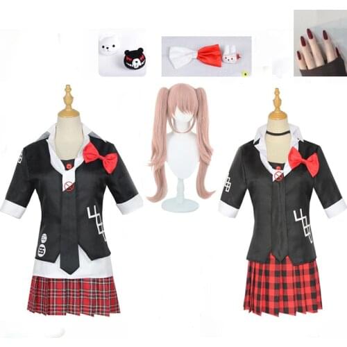 Anime Danganronpa Cosplay Costume Enoshima Junko Uniform Cafe Work Clothes Short Skirt Double Tail Braid Wig