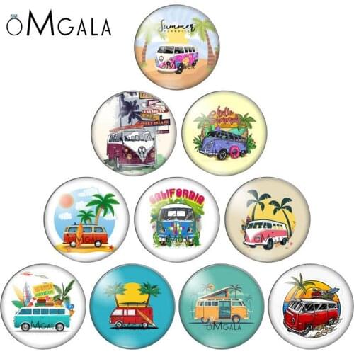 Summer Beach Vocation Colorful Car Bus Paintings 12mm/16mm/18mm/25mm Round photo glass cabochon demo flat back Making findings