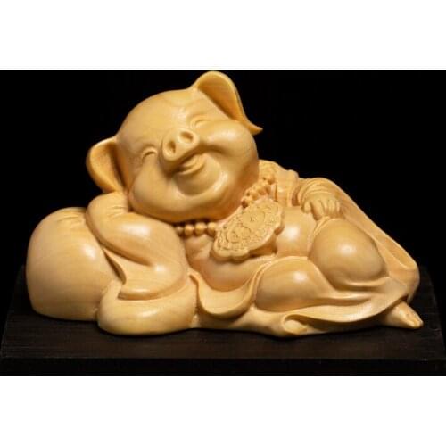 Small Pig Animal Sculpture Lucky Feng Shui Ornaments Boxwood Wood Carving Creative Solid Wood Home Decors Crafts
