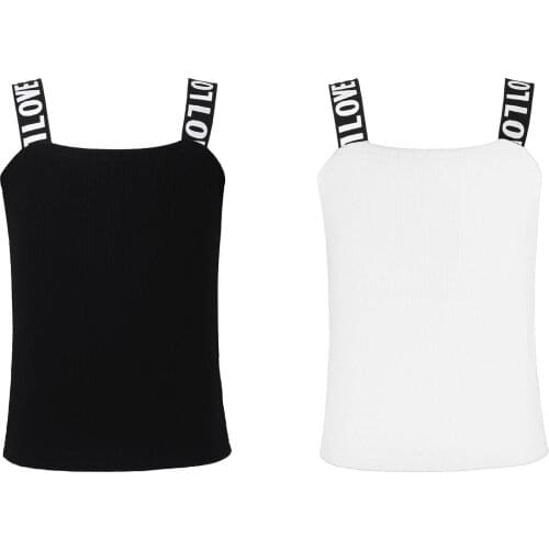 Kids Girls Fashion Summer Tops Casual Gym Wear Pure Color Letter Print Wide Straps Sleeveless Stretchy Crochet Vest Tops Clothes