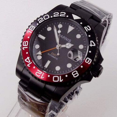 Black PVD Plated Parnis 40mm Sapphire Automatic Mens Watch GMT Dual Time Jubilee/Oyster Bracelet Rotating Bezel Date Cyclops