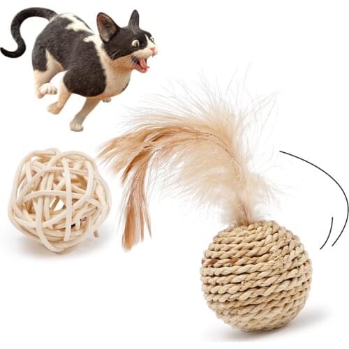 Pet Sisal Rope Weave Cat Feather Toy Cat Ball Rattan Bell Sound Ball Cat Toy Interactive Play Woven Chew Toys For Cat Ball Suit