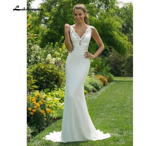 2021 Soft Satin Mermaid Wedding Dresses for Bride V-Neck Straight Gown with Double Key Hole Back Bridal Gowns Vestido De Noiva