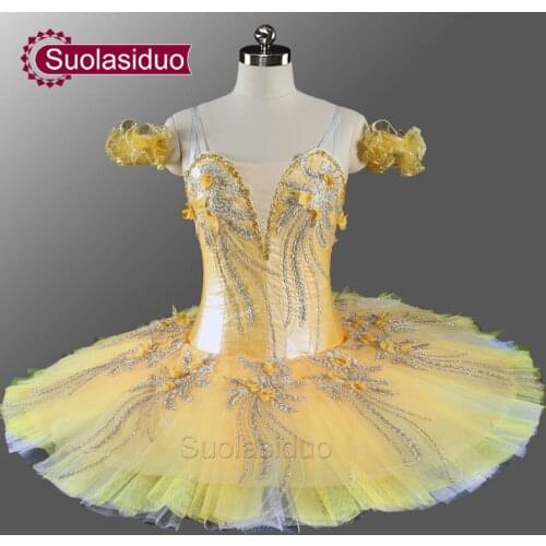 Girls Professional Ballet Tutu Yellow Gold Flower Fairy Pancake Nutcracker Ballerina Dress Pancake Ballet Tutu SD0076