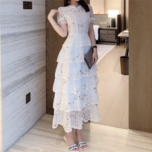 Printing Elegant Party Chiffon Show thin Temperament Lace holiday Dresses Women Summer Short sleeve High Waist Runway French
