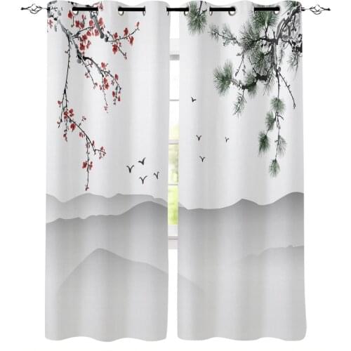 Plum Blossom Flowers Branches Ink Painting Curtains for Kids Boys Girls Room Living Room Window Drapes Curtain Window Treatments
