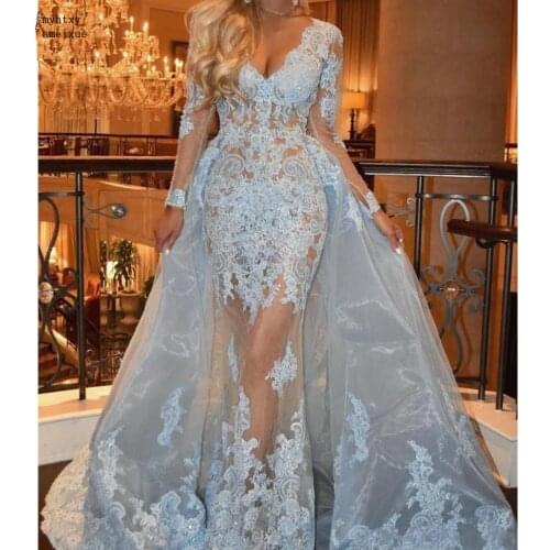 Blue Sexy Evening Dresses 2020 Mermaid V-neck Long Sleeves Tulle Lace Islamic Dubai Saudi Arabic Long Evening Gown Prom Dress