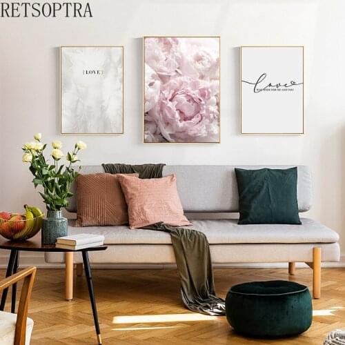 Scandinavian Pink Bloom Peony Flower Wall Art Picture Canvas Poster Print Floral Love Lettere Painting Living Room Decor