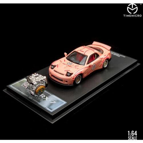 Time Model Mazd RX-7 FD Pink Pig Racing Car with Rotary engine Diecast Toy 1:64 Model car Vehicle with Case Gift For Kids