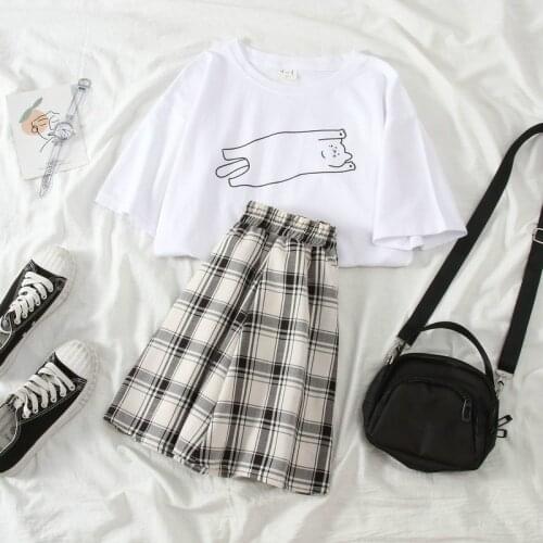Preppy Style Sweet Women Sets Cute Kawai Crop Tops Pleated Skirt Suit Black Tees Harajuku High Waist A-Line Plaid Skirts Set 2XL