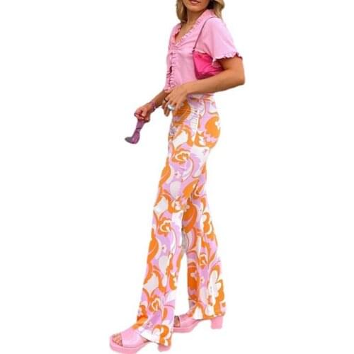 Womens Vintage Colorful Floral Print Skinny Long Pants High Waist Flare Hem Bell Bottom Trousers Harajuku Casual Slim Fit Full