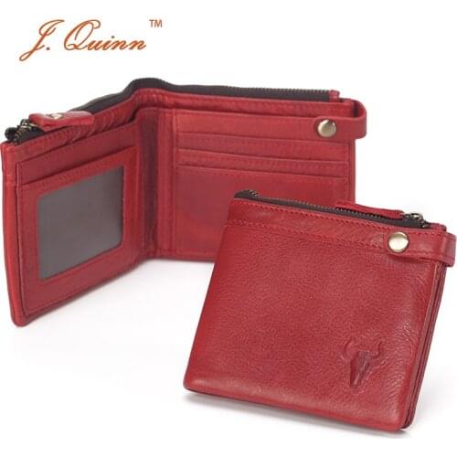 J.Quinn Red Ladies Wallet Purse Hasp with Zipper Coin Pocket Grain Leather Womens Wallets Soft Short Credit Card Case Billfold