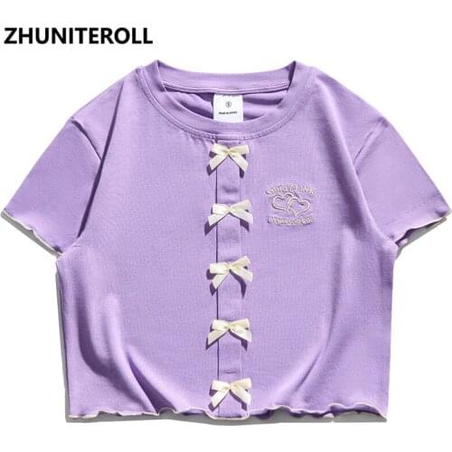 Sweet Girl Crop Top Harajuku Bowknot T-Shirt Embroidery Letter Heart New T Shirt Women Summer Short Sleeve Tshirt Kawaii Clothes
