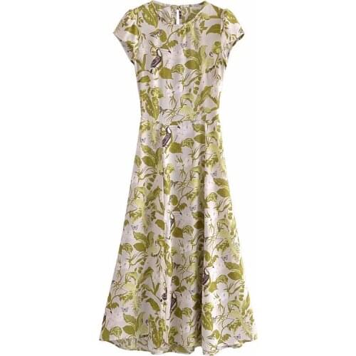 New Women Vogue Floral Printed Back Hollow Out Midi Dress O-Neck Side Slit Vintage Female Boho Dresses Woman Robe