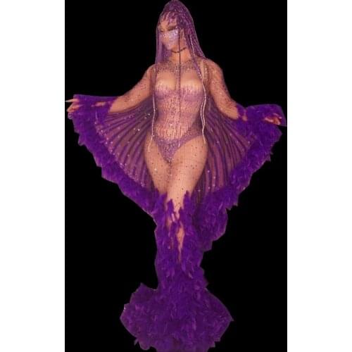 Purple Rhinestone Feather Transparent Long Dress Women Birthday Celebrate Prom Party Dress Sexy Show Performance Wing Outfit