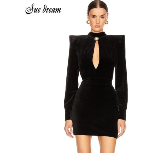2021 New Winter Womens Sexy Stand Long Sleeve Button Slim Black Velvet Dress Fashion Celebrity Club Party Dress Vestido