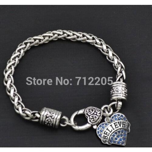 Fashion 4 color antique silver plated Crystal Heart Believe Wheat Link Chain Bracelet