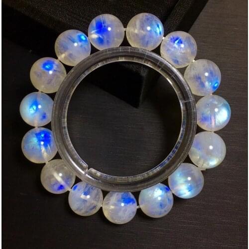 12.6mm Natural Blue Light Moonstone Gems Clear Round Beads Bracelet Bangles Stretch Women Fashion Stone Certificate AAAAA