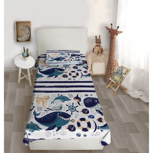 Çocuk odası yatak örtüsü deniz balık balina yunus ahtapot dümen