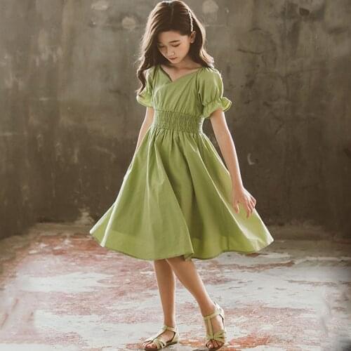 Kids Dresses For Girls Summer 2020 Cotton Green Children Teen Girl Dress Clothing Casual Clothes 5 6 7 8 9 10 11 12 14 15 Years