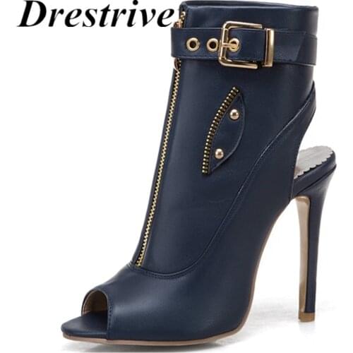 Drestrive 2020 Summer Women Boots Peep Toe Zipper Thin Heels 11 cm Buckle Ankle Boots PU Leather Big Size 50 Black Fashion