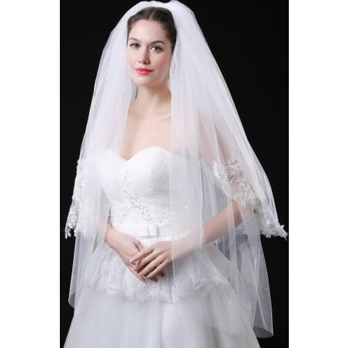 Real Photo1.5 Meter White Wedding Veils Short Two Layer Bridal Veil Appliques Edge Wedding Accessories 2020