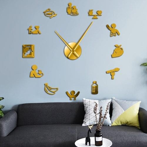 Nutrition Care DIY Giant Frameless Wall Clock Healthy Eating Nutritionist Large Non ticking Silent Watch Mirror Stickers