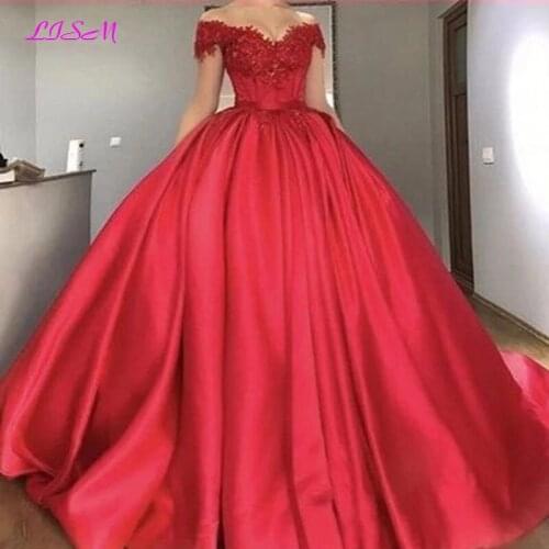 Red Off Shoulder Ball Gown Prom Dresses 2020 Lace Appliques Beaded Satin Evening Dress Plus size Corset Formal Party Gowns