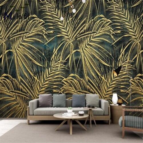 Milofi vinyl 3D wallpaper mural modern minimalist golden relief tropical plant leaf carving background wall mural