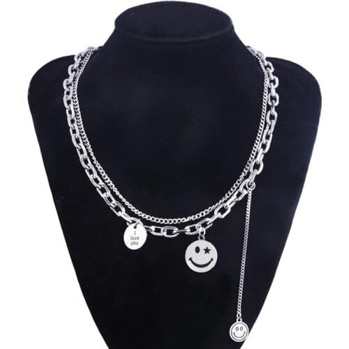 Layered Smiley Face Long Necklaces Letter I Love You Pendant Hip Hop Unisex Smile Face Choker Necklace Women Trendy Jewelry