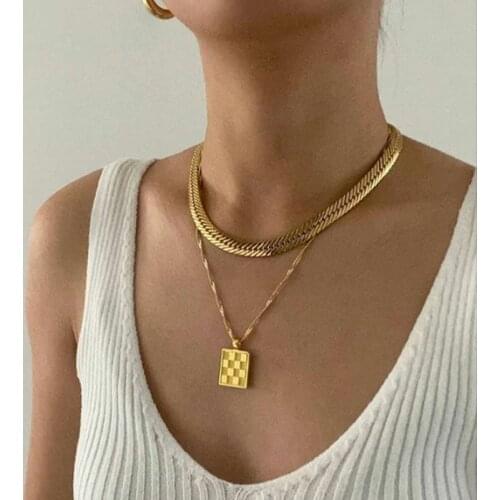 Checkerboard plaid square pendant necklaces for women stainless steel gold vintage necklace trendy women wholesale items 2021