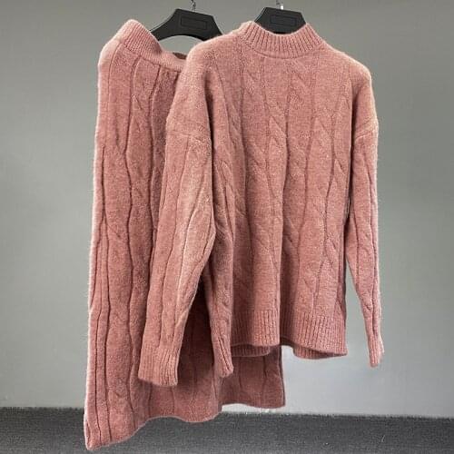 Spring Fall Womens Knitting Skirt Suit Fashion Knitwear Long Sleeve Turtleneck Sweaters + Skirt Suits O neck Elegant Outfits