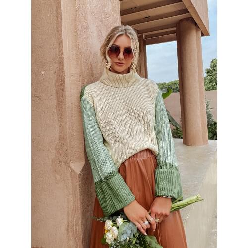 Simplee Patchwork turtleneck knitted sweaters female Casual long sleeve korean pullover jumper Women streetwear ladies sweater