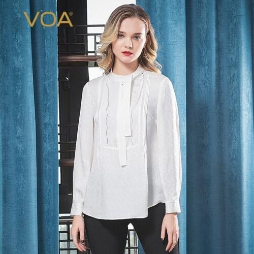 VOA Silk Tops B9363 Three-Dimensional Jacquard Ivory White Tee Single-Breasted Silk Stitching Loose Long-sleeved Woman Tshirts