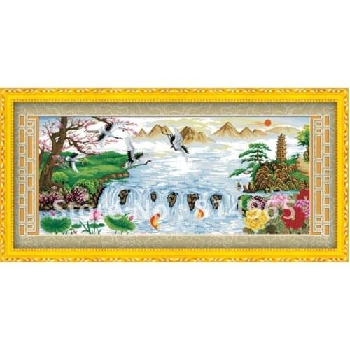 Embroidery Package 2 Pieces (1 lot=2 pieces) Top grade Cross Stitch Scenery Tree Mount Water Fish Flowers 5-15Business Days