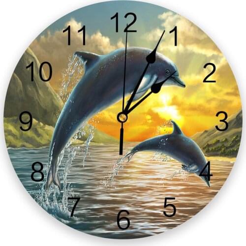 Sunset Sea Animals Dolphins Silent Wall Clock Kitchen Living Room Bathroom Bedroom Office Decorative Hanging Clocks