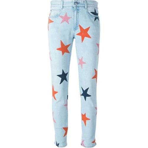 Plus size 24-32!2020 Fashion Print Five-Pointed Star Women Denim Pants Vintage Elastic Pencil Washed Casual Jeans